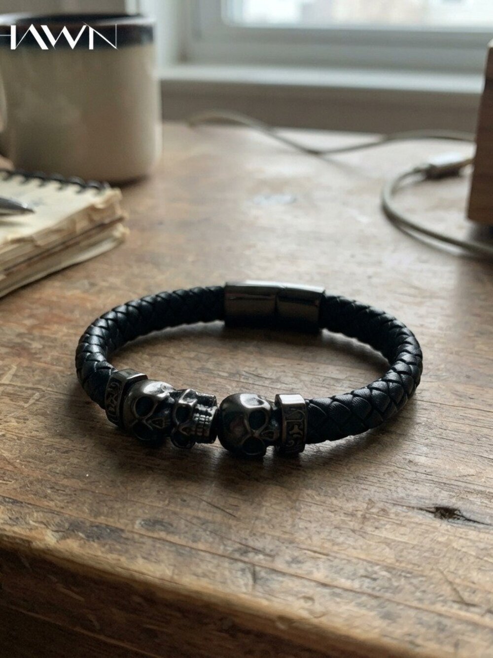 Mens Triple Skull Braided Leather Bracelet